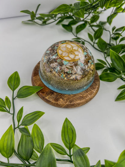 Orgonite Dome: Seed of Life, Turquoise, Labradorite, Sun Stone.