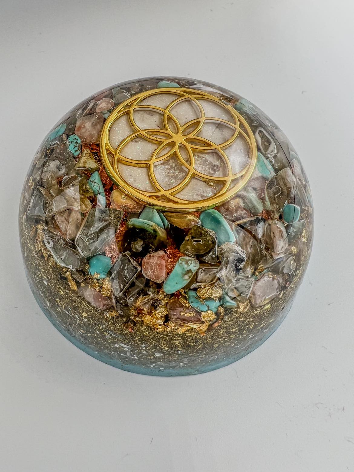 Orgonite Dome: Seed of Life, Turquoise, Labradorite, Sun Stone.