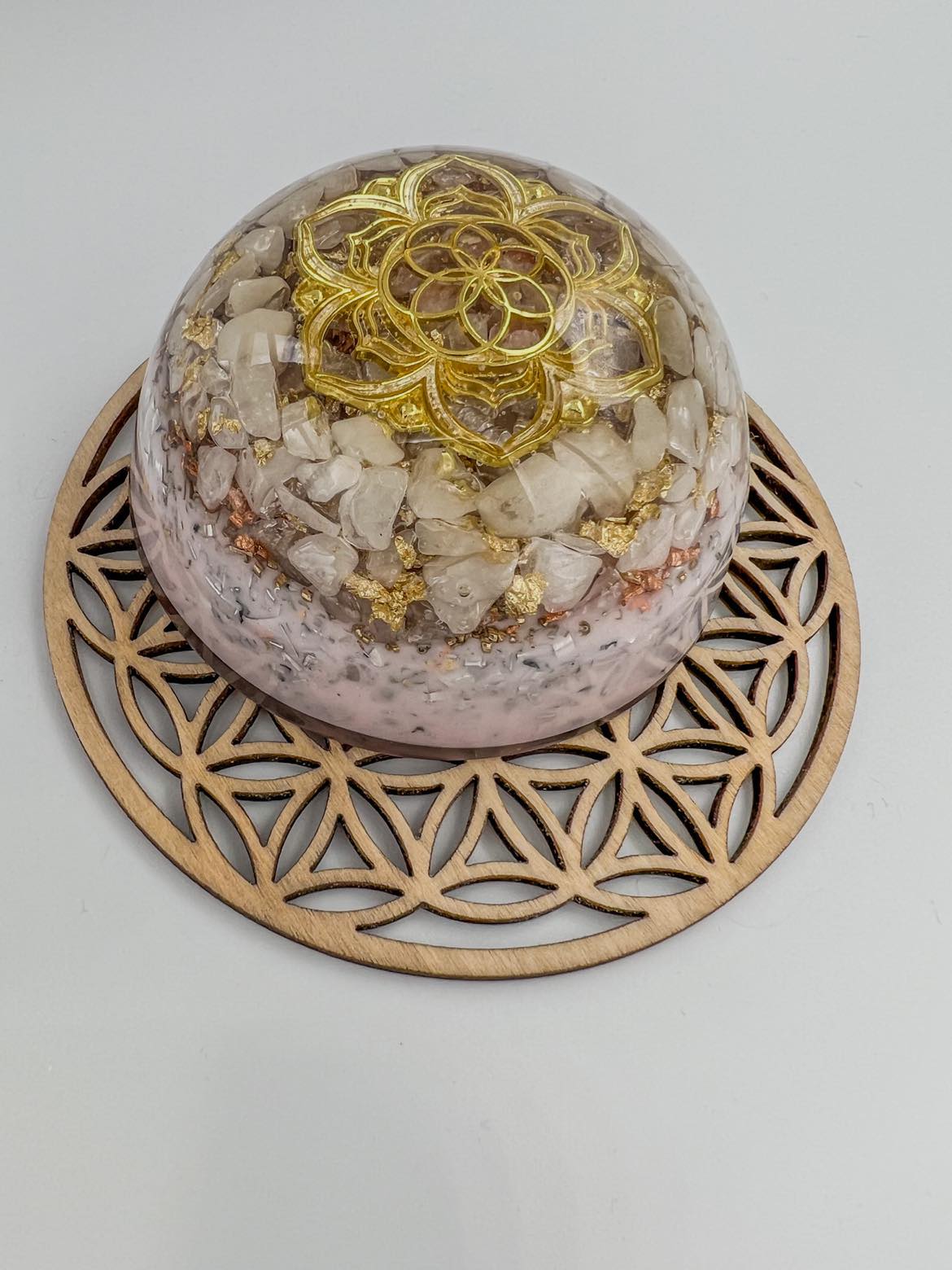 Orgonite Dome - Seed of Life on Lotus, Snow Quartz, Rock Crystal.