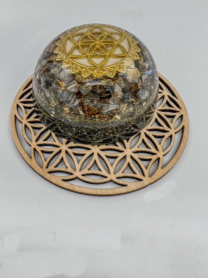 Orgonite Dome: Flower of Life, Labradorite, Tiger's Eye.