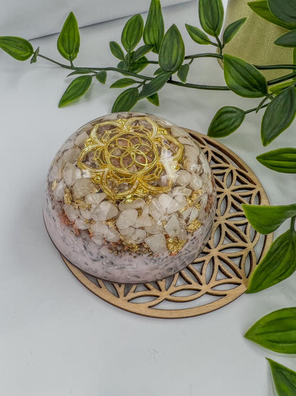 Orgonite Dome - Seed of Life on Lotus, Snow Quartz, Rock Crystal.