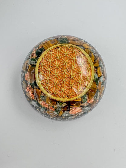 Orgonite Dome: Flower of Life, Tiger's Eye, Green Aventurine.