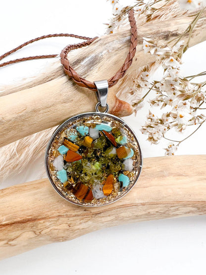 Orgonite Pendant Multiple Protection - Turquoise, Tiger Eye, Rock Crystal, Rose Quartz, Amethyst, Shungite. 