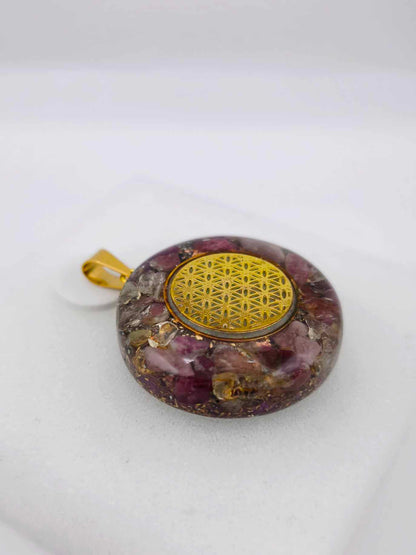 Orgonite Pendentif Protection : Fleur de Vie, Tourmaline rose.