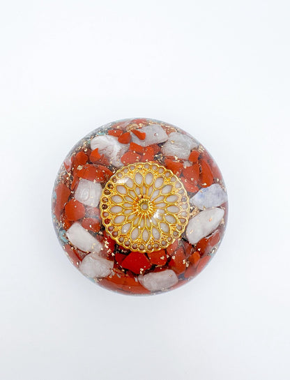 Orgonite Galet - Jaspe rouge, Pierre de Lune et Turquoise.