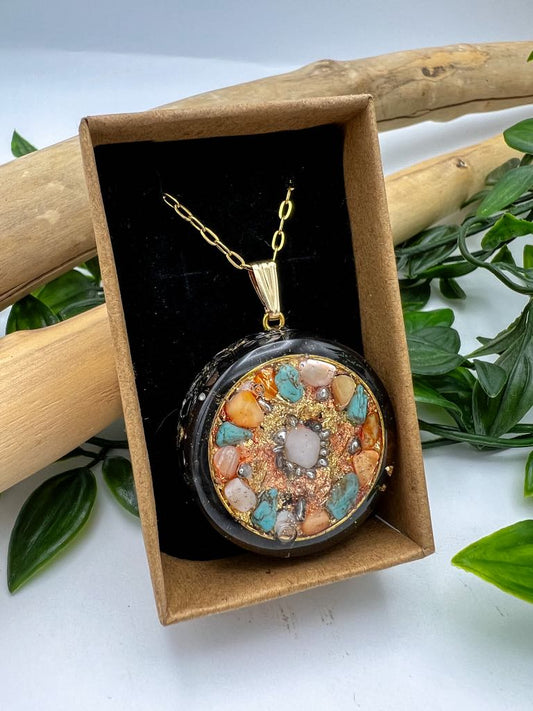 Orgonite Protection Pendant: Turquoise, Moonstone and Mother-of-Pearl.
