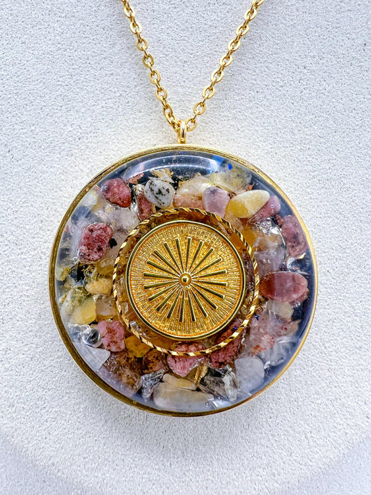 Pendentif Orgonite – Rhodonite, Tourmaline Multicolore, Cristal de Roche