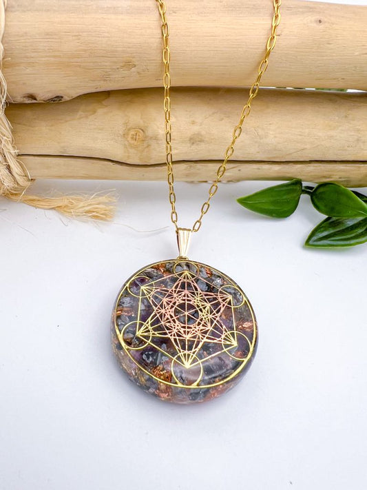 Orgonite Pendentif Protection : Métatron, Obsidienne mouchetée.