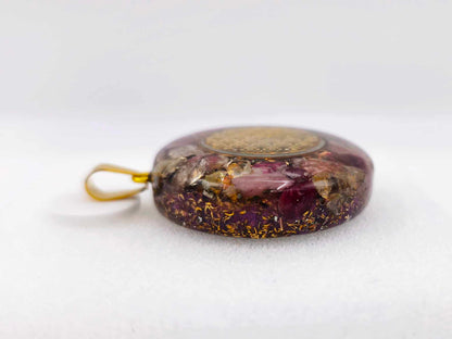 Orgonite Pendentif Protection : Fleur de Vie, Tourmaline rose.