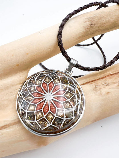 Orgonite Pendentif Fleur de vie - Tourmaline Multicolore et Cristal de Roche.