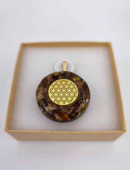 Orgonite Pendentif : Fleur de Vie, Tourmaline multicolore.