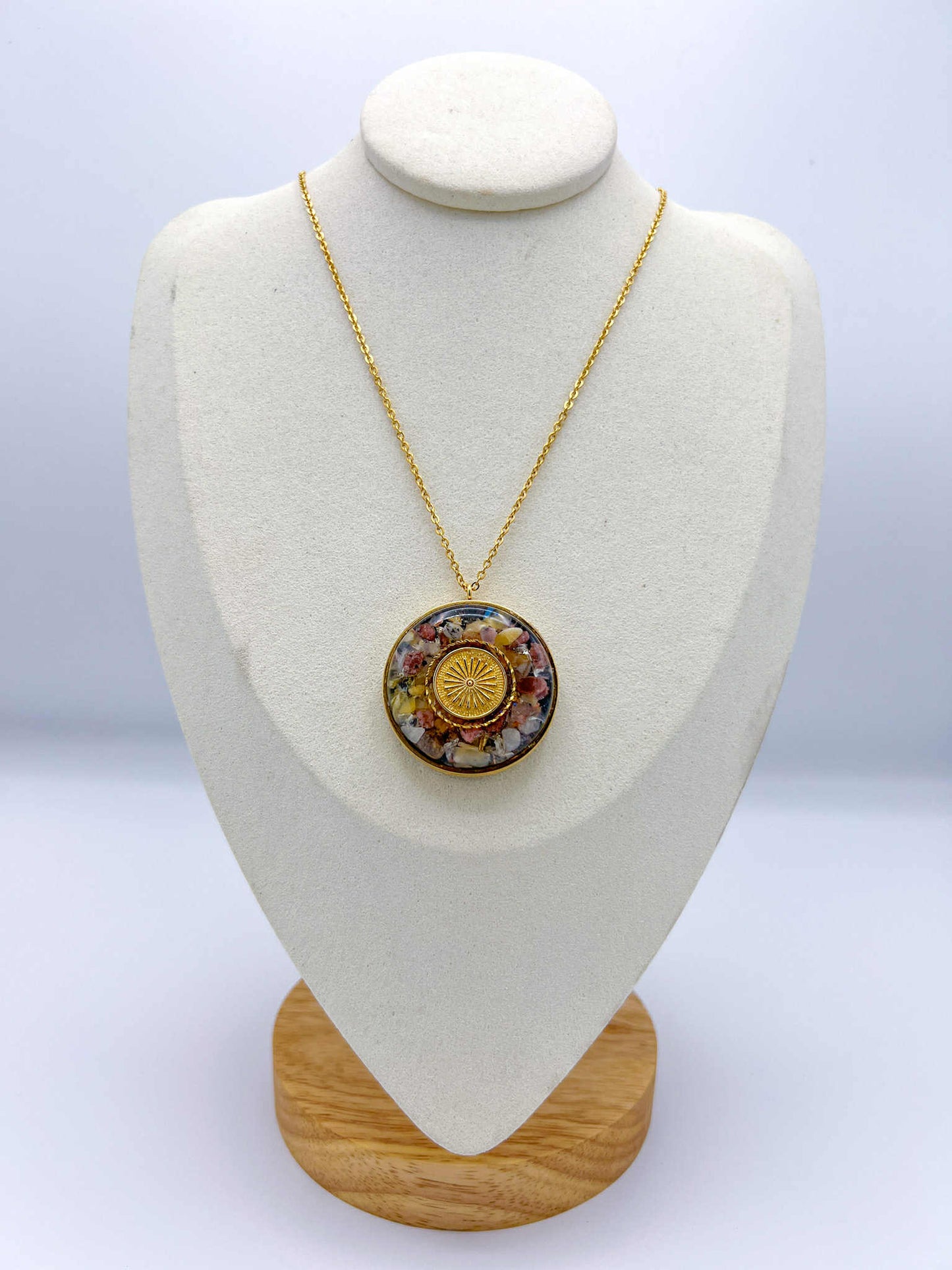 Pendentif Orgonite – Rhodonite, Tourmaline Multicolore, Cristal de Roche