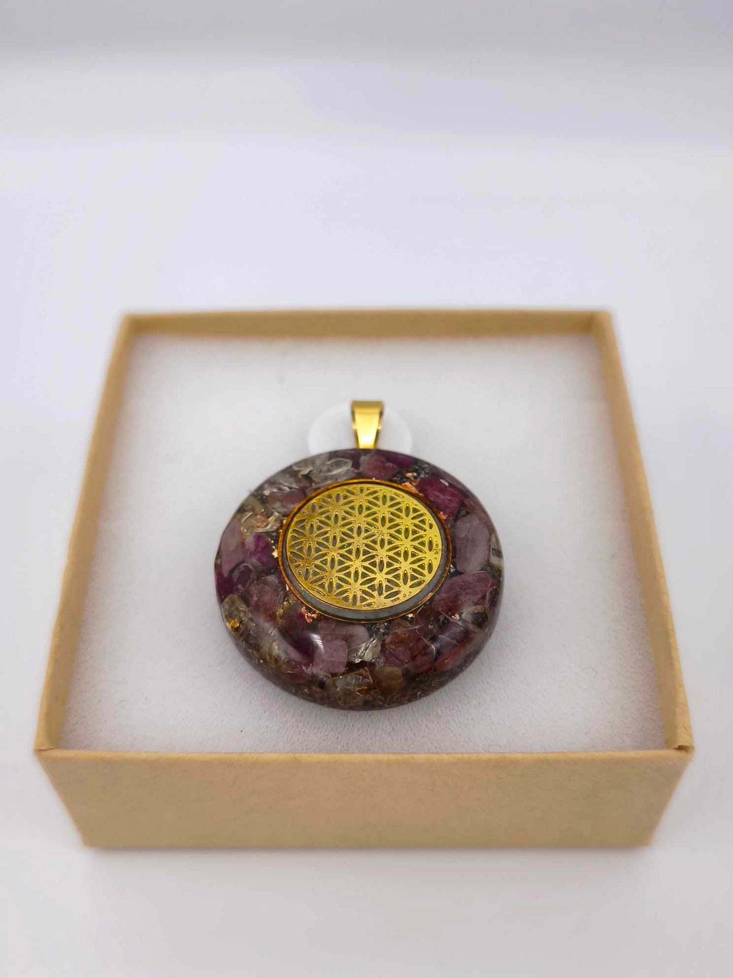 Orgonite Pendentif Protection : Fleur de Vie, Tourmaline rose.