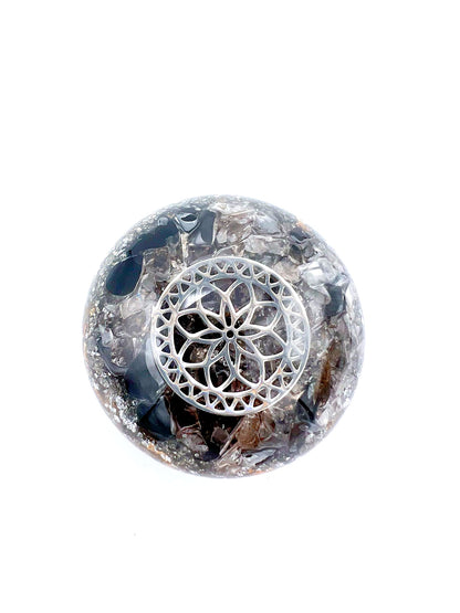 Orgonite Galet - Graine de vie, Tourmaline Noire, Quartz fumé.