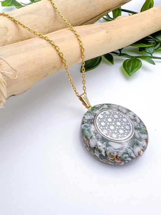 Orgonite Protection Pendant: Flower of Life, Moss Agate.