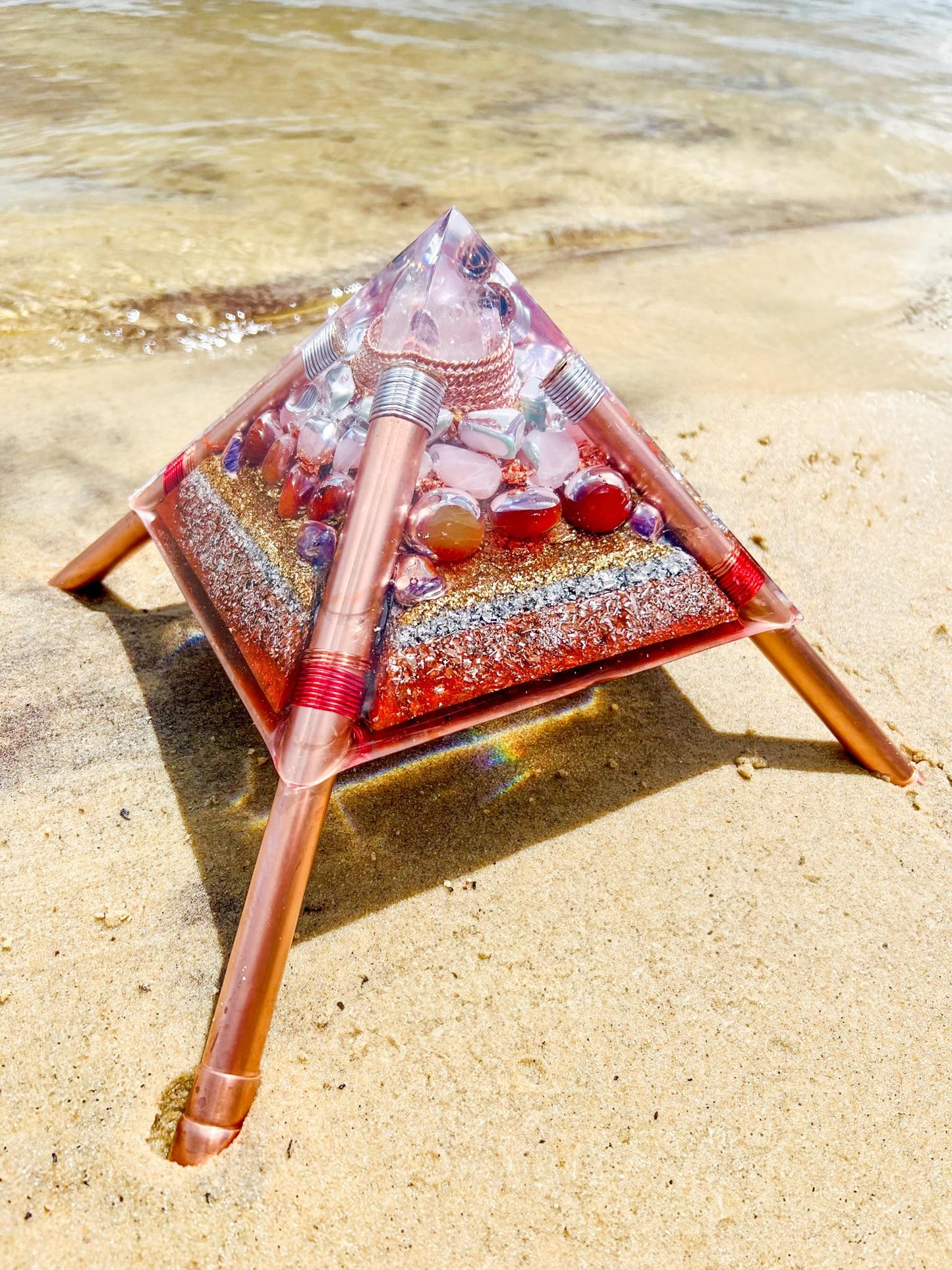 Orgonite Pyramid: Tiger's Eye, Amethyst and Black Obsidian.