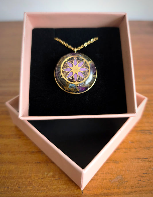 Pendentif Orgonite Fleur de vie – Labradorite, Cristal de Roche