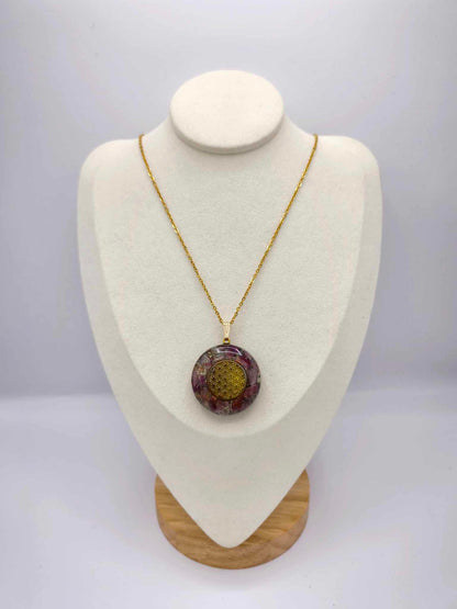 Orgonite Pendentif Protection : Fleur de Vie, Tourmaline rose.