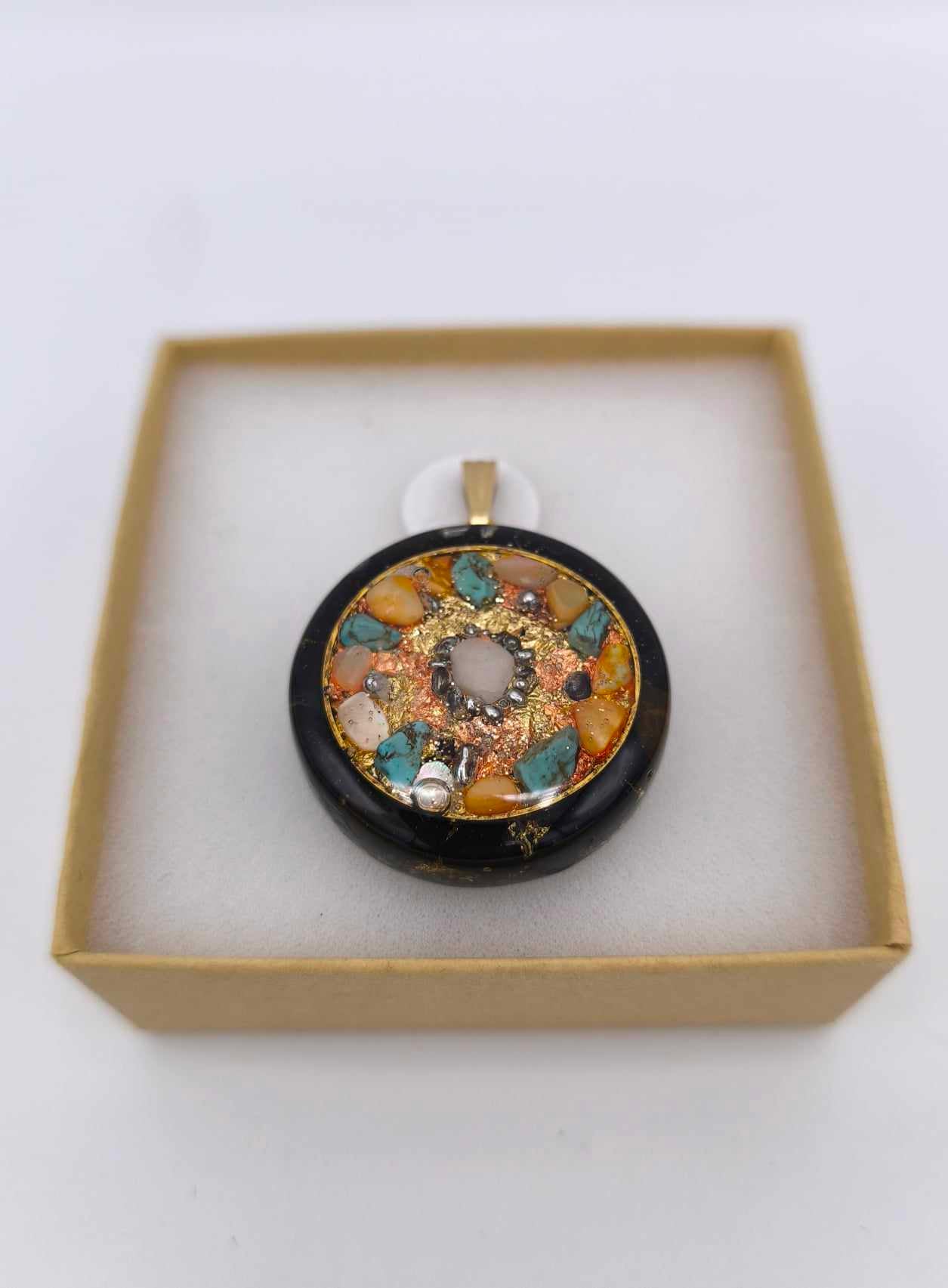 Orgonite Protection Pendant: Turquoise, Moonstone and Mother-of-Pearl.