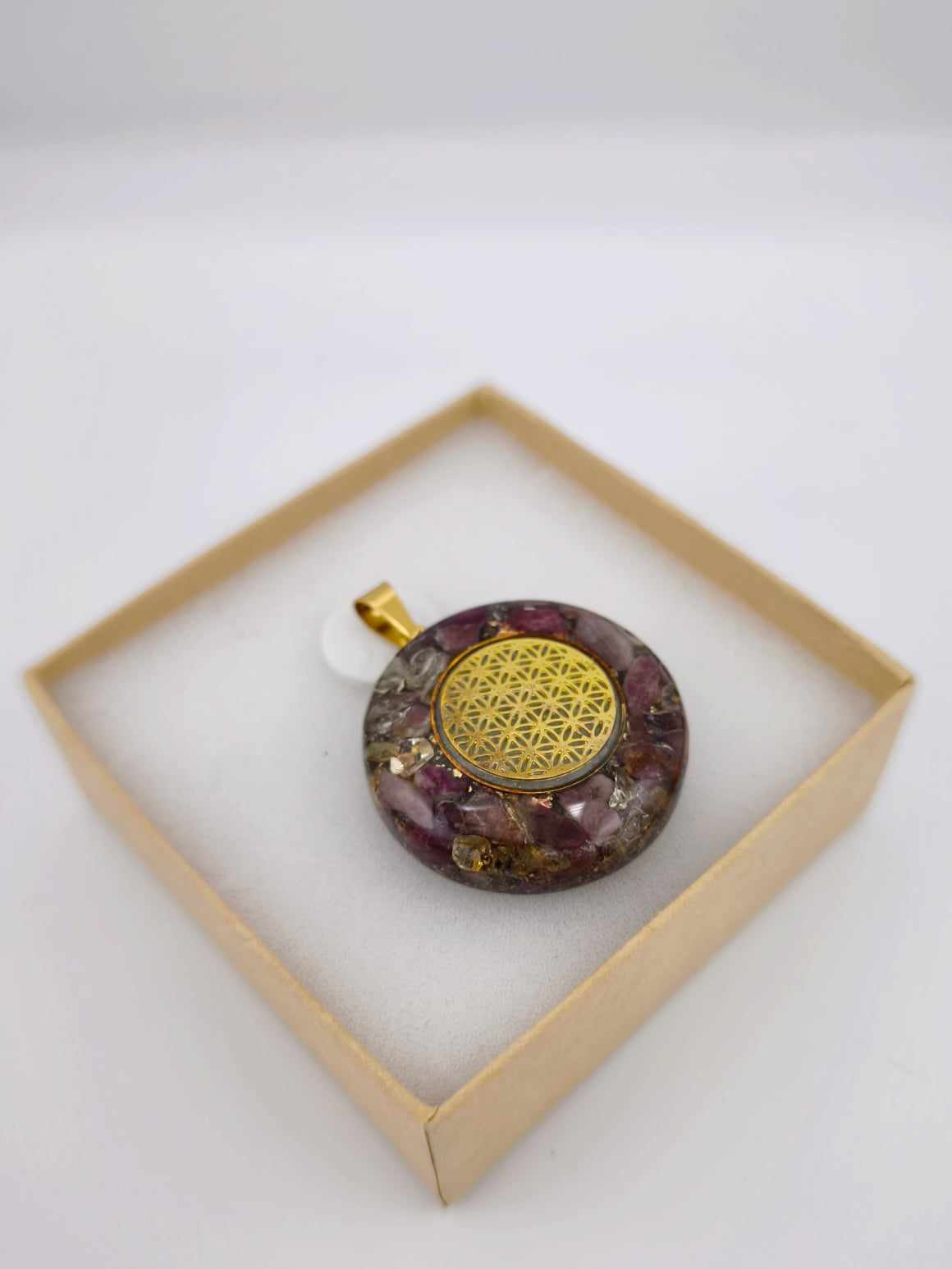 Orgonite Pendentif Protection : Fleur de Vie, Tourmaline rose.