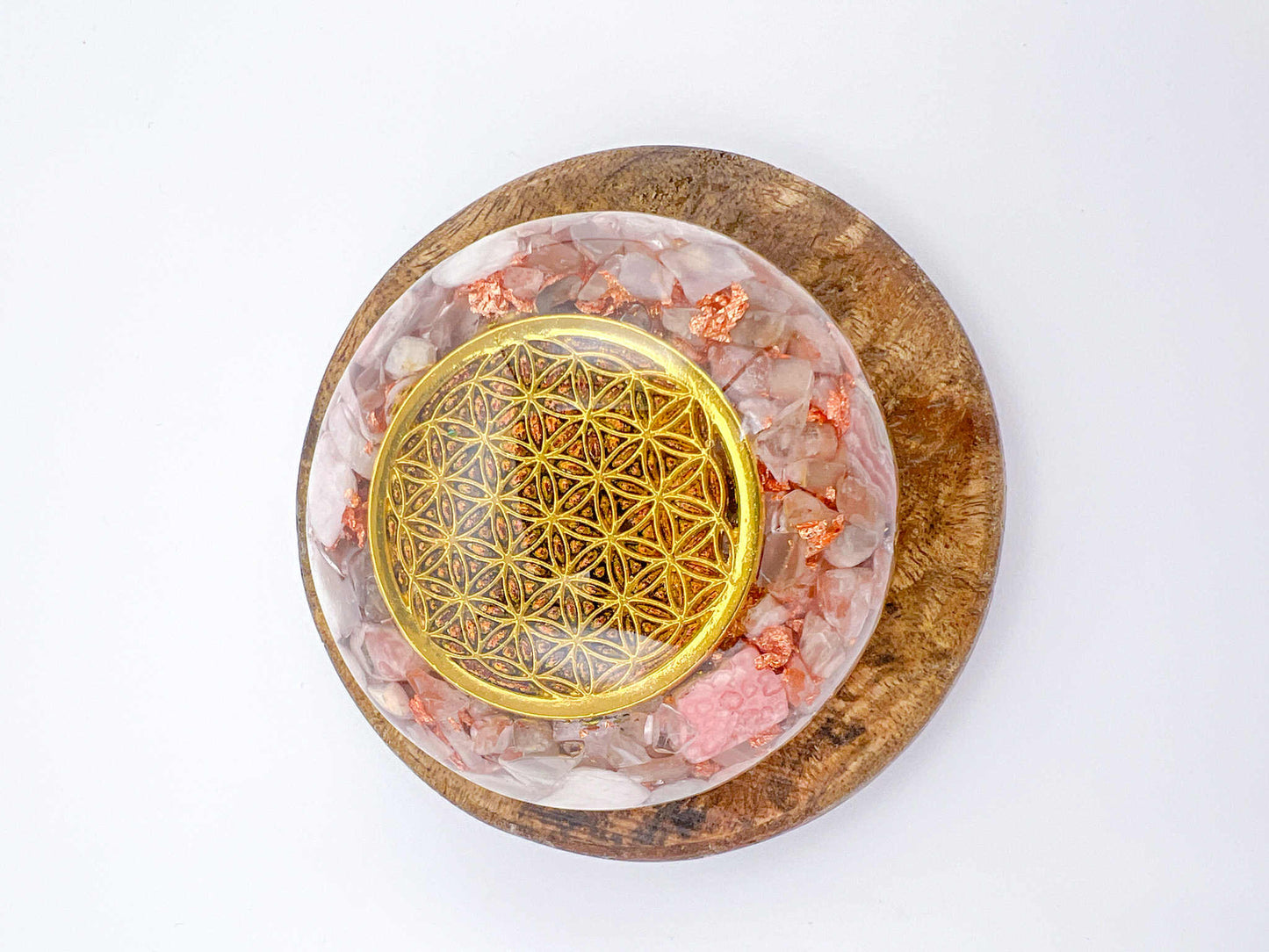Galet Orgonite – Rhodonite, Pierre du Soleil, Cristal de Roche