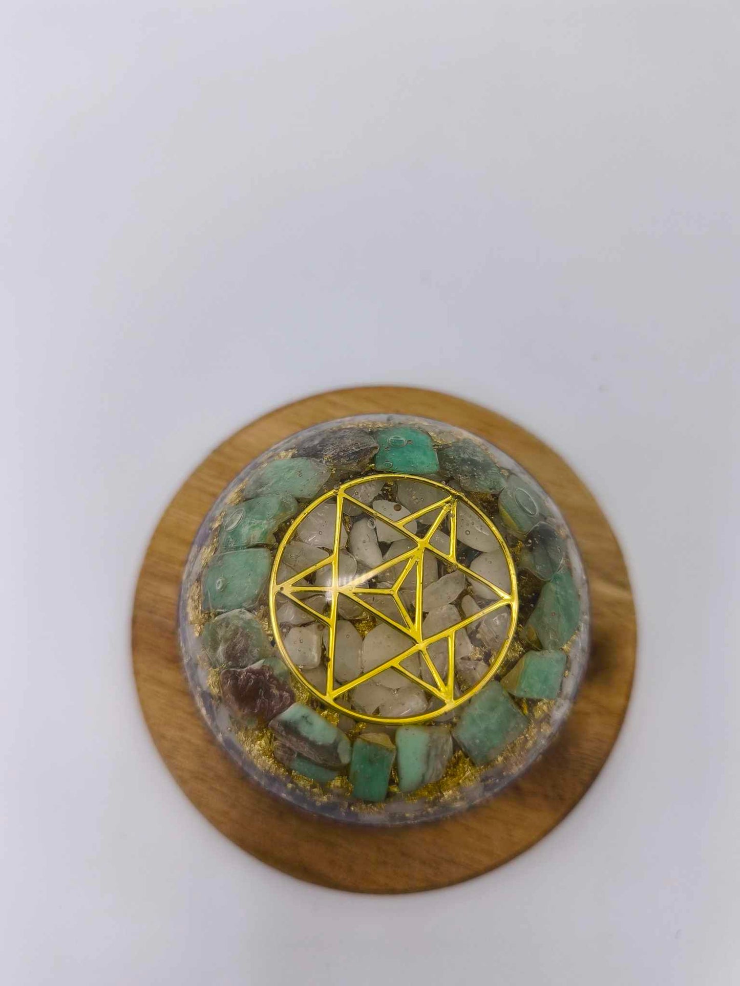 ORGONITE DÔME - MERKABAH, PIERRE DE LUNE , CHRYSOPRASE.